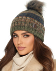 Baesics Bommelmütze Khaki – Wintermütze Bunt mit Wolle, Kunstfell-Pompon & Fleecefutter