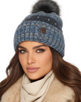 Baesics Bommelmütze Blaugrau – Wintermütze Bunt mit Wolle, Kunstfell-Pompon & Fleecefutter