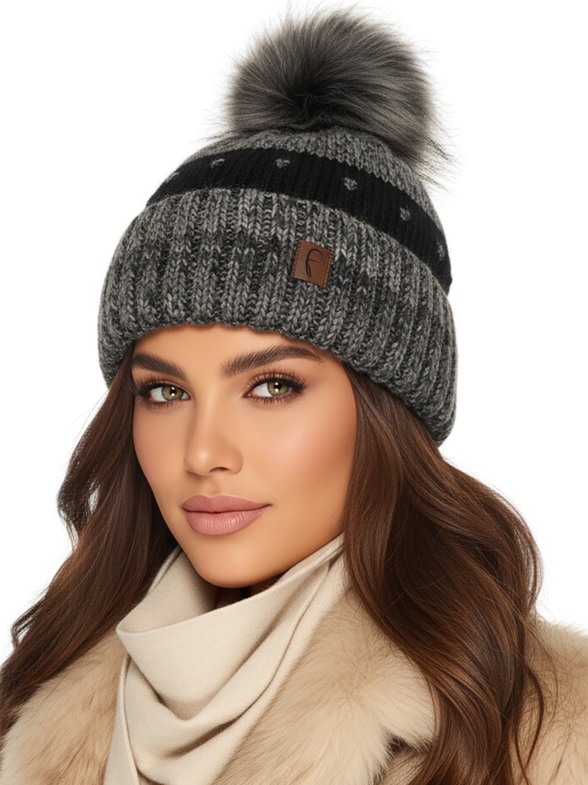 Baesics Bommelmütze Grau – Wintermütze Bunt mit Wolle, Kunstfell-Pompon &amp; Fleecefutter