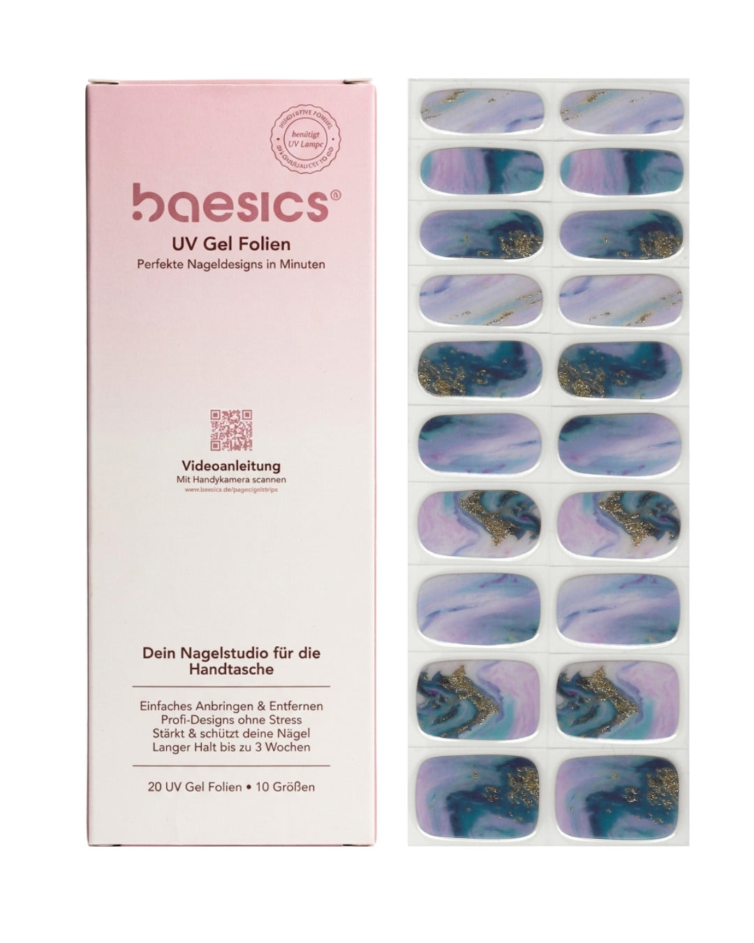Baesics UV Gelstrips Moonlit Marble – semi-cured UV Gel-Nagelfolien, 20 Streifen Set
