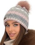 Baesics Bommelmütze Rosa – Wintermütze mit Muster (Wollmix), Kunstfell-Bommel & Fleecefutter