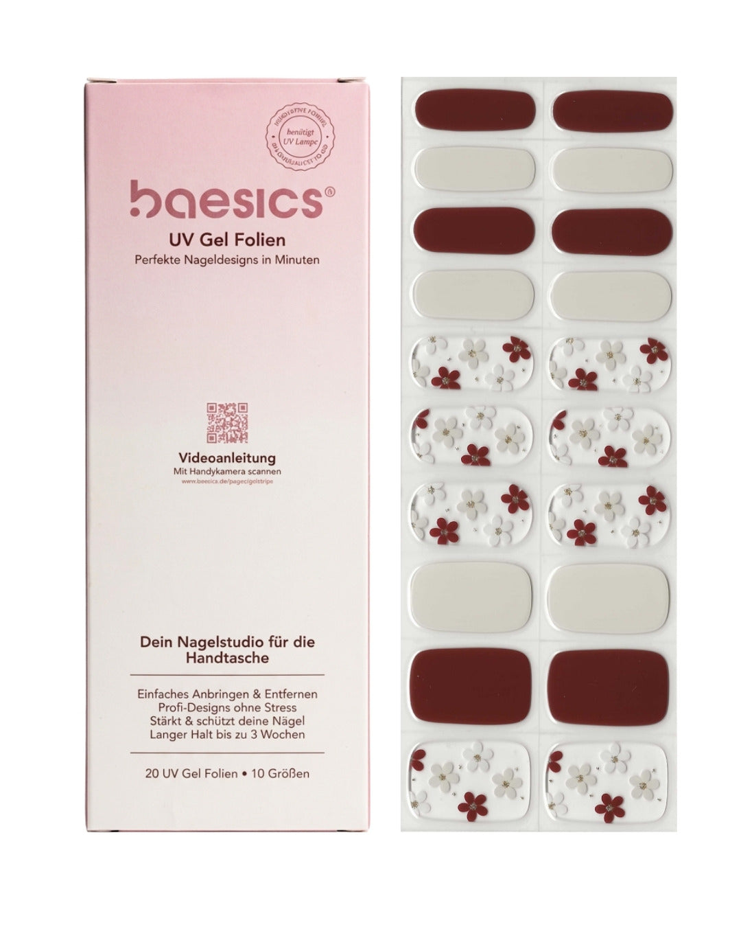 Baesics UV Gelstrips Crimson Botanica – semi-cured UV Gel-Nagelfolien, 20 Streifen Set