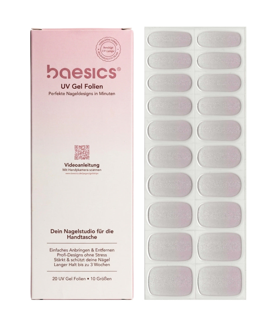 Baesics UV Gelstrips Sheer Opaline – semi-cured UV Gel-Nagelfolien, 20 Streifen Set