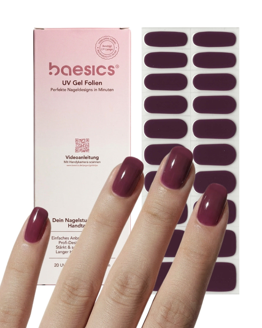 Baesics UV Gelstrips Onyx Berry – semi-cured UV Gel-Nagelfolien, 20 Streifen Set