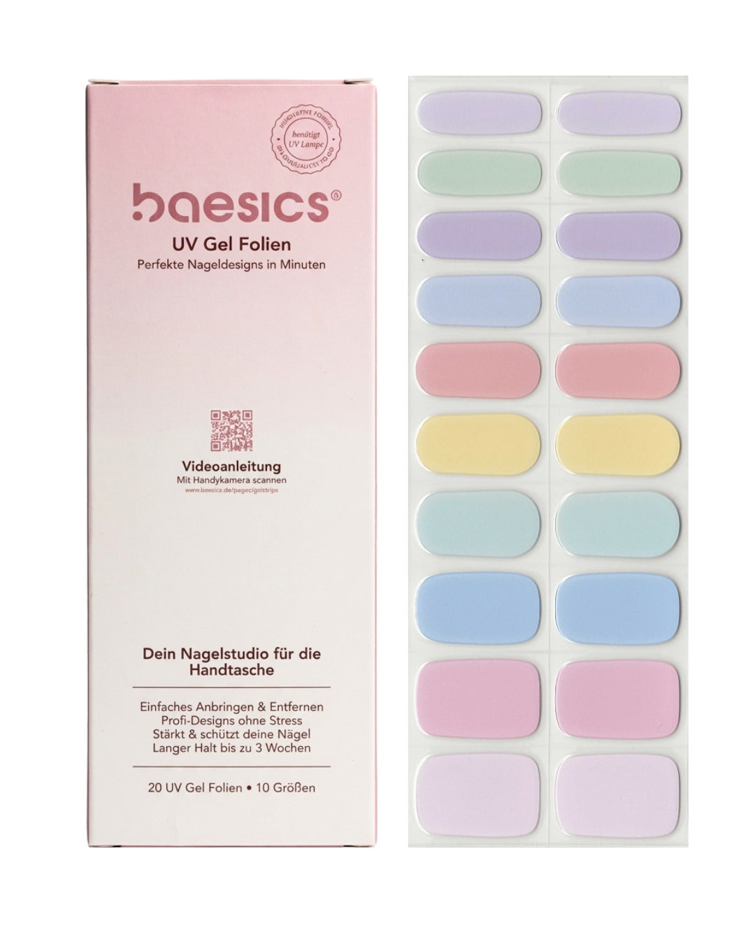 Baesics UV Gelstrips Pastel Symphony – semi-cured UV Gel-Nagelfolien, 20 Streifen Set