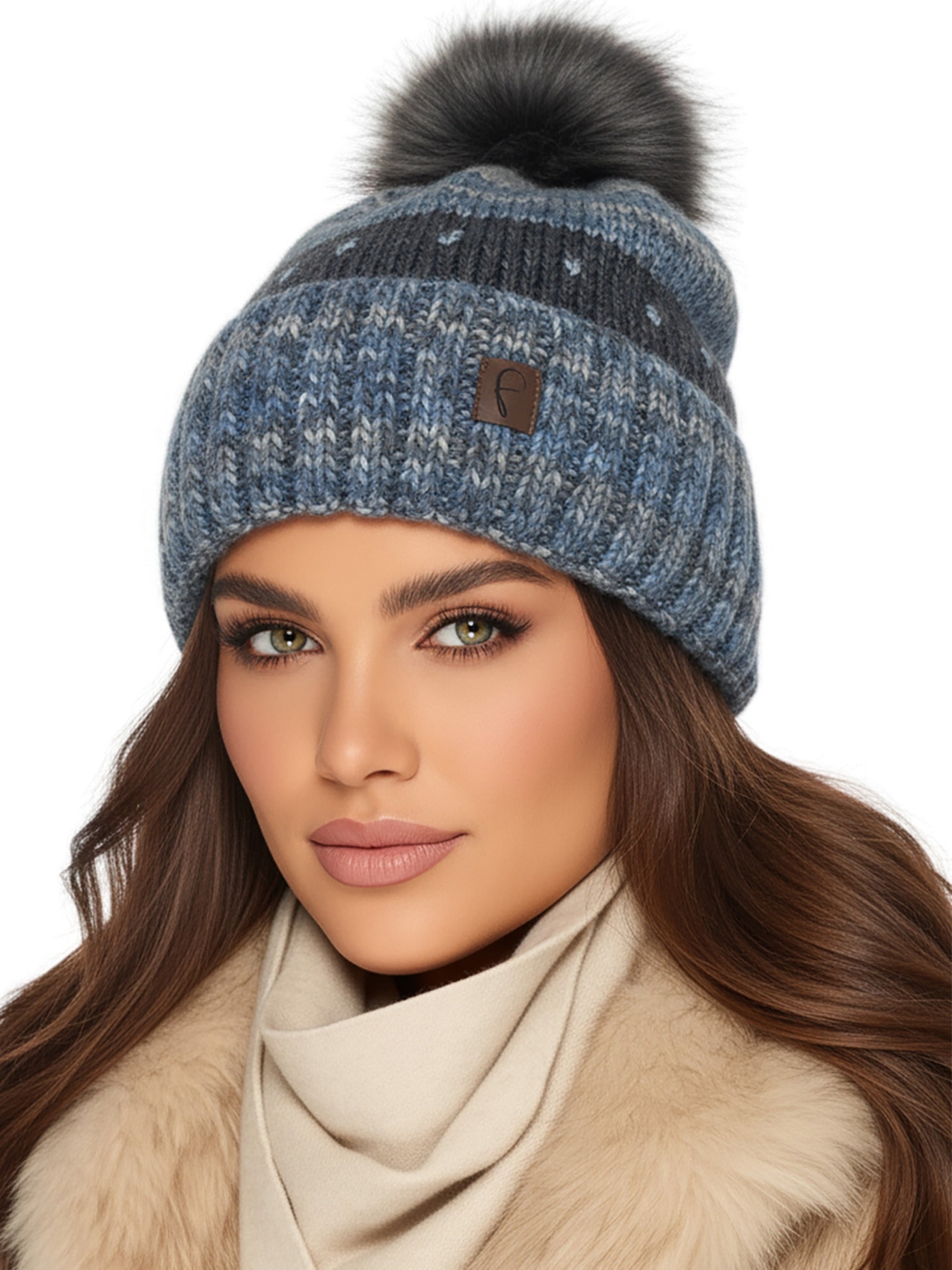 Baesics Bommelmütze Blaugrau – Wintermütze Bunt mit Wolle, Kunstfell-Pompon & Fleecefutter