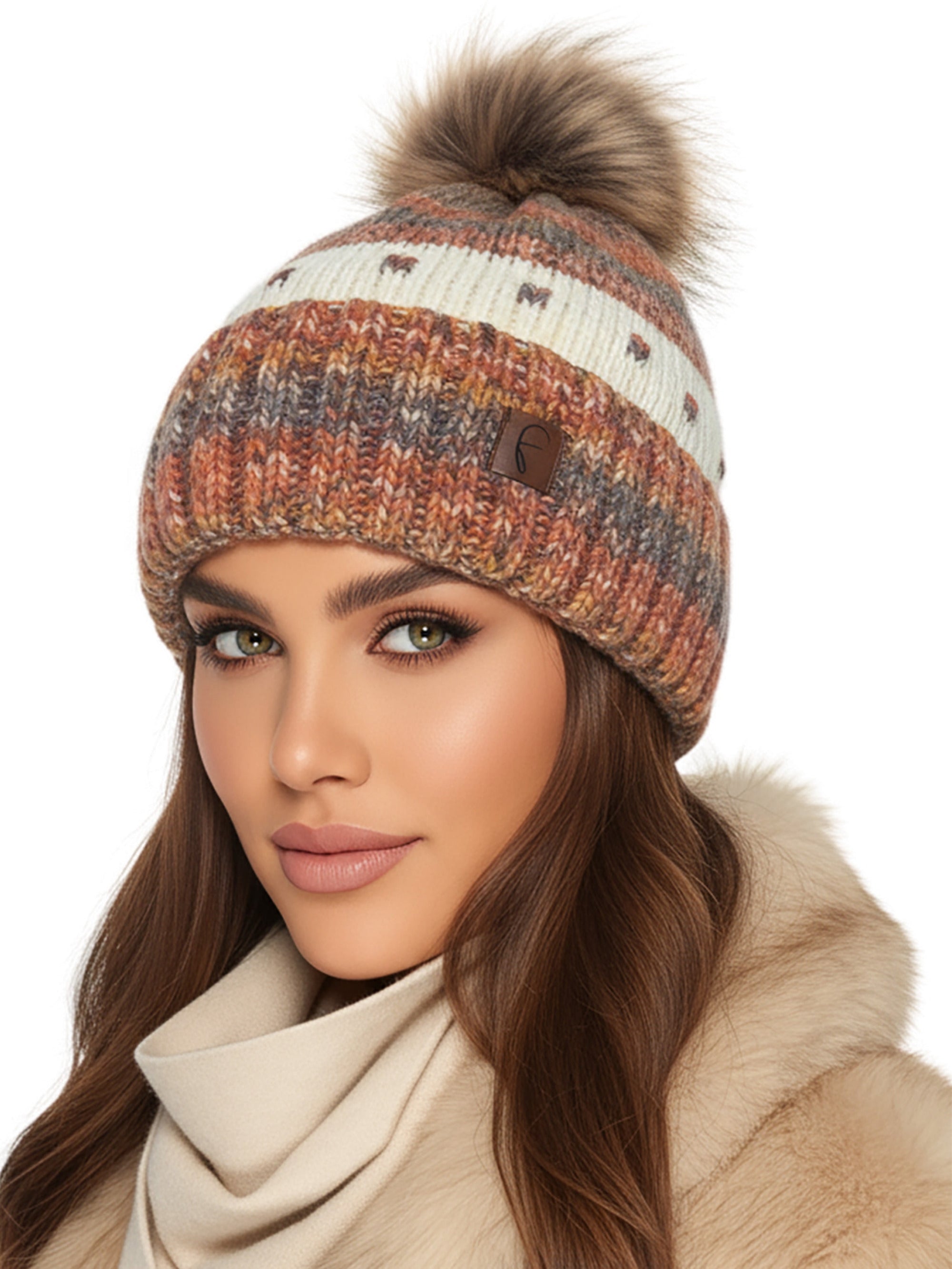 Baesics Bommelmütze Orange – Wintermütze Bunt mit Wolle, Kunstfell-Pompon &amp; Fleecefutter