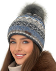 Baesics Bommelmütze Grau – Wintermütze mit Muster (Wollmix), Kunstfell-Bommel & Fleecefutter