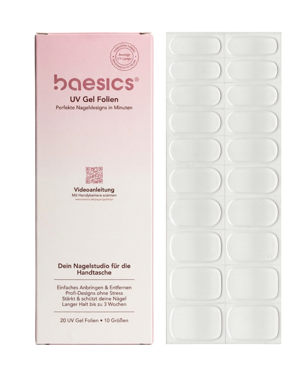 Baesics UV Gelstrips Silk Veil – semi-cured UV Gel-Nagelfolien, 20 Streifen Set