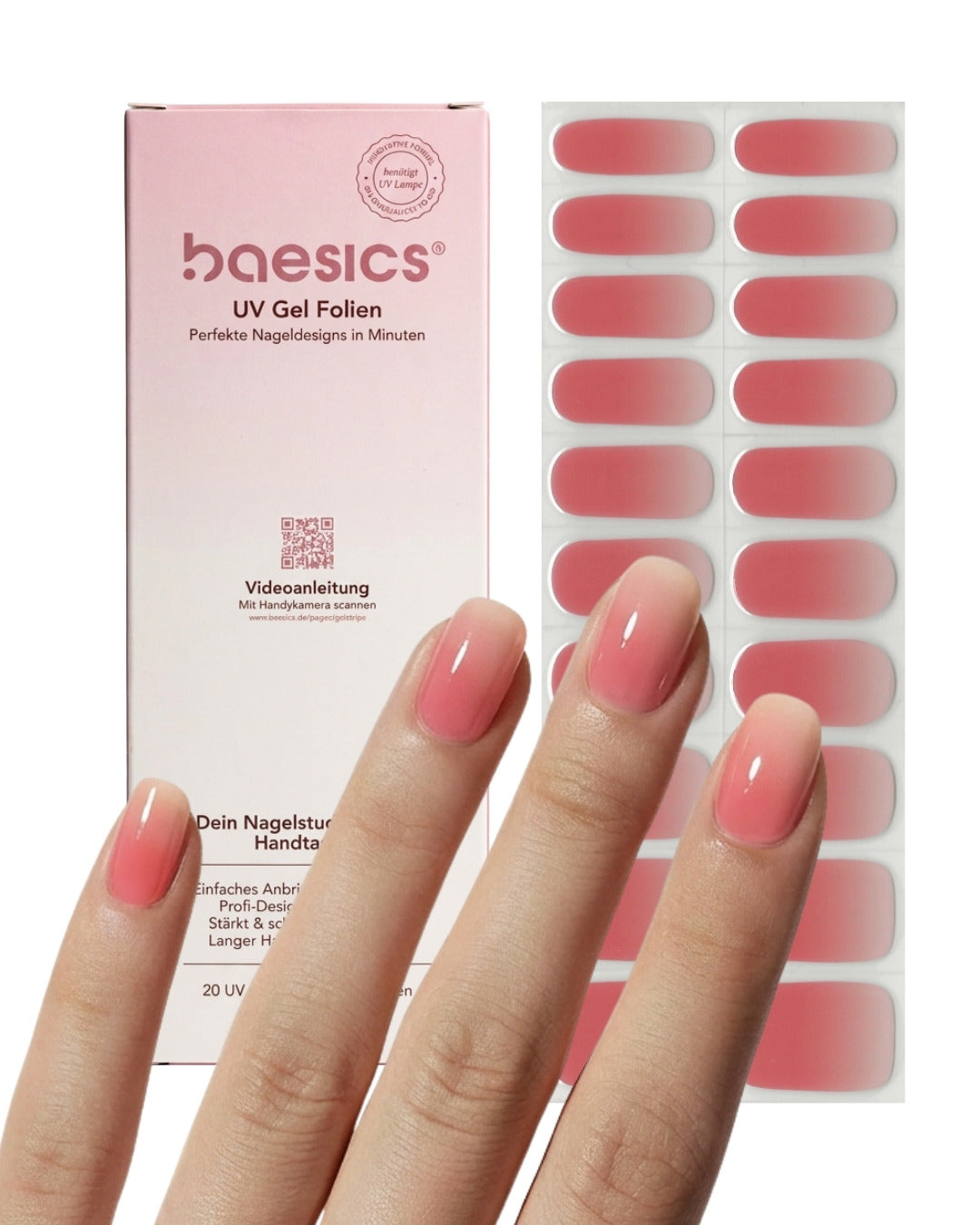 Baesics UV Gelstrips Peach Soda – semi-cured UV Gel-Nagelfolien, 20 Streifen Set
