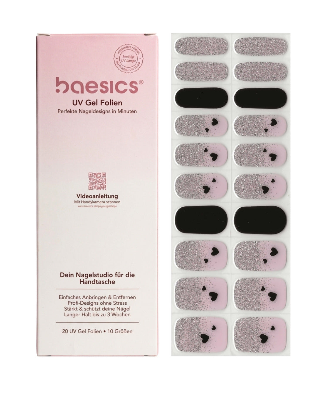 Baesics UV Gelstrips Midnight Coquette – semi-cured UV Gel-Nagelfolien, 20 Streifen Set