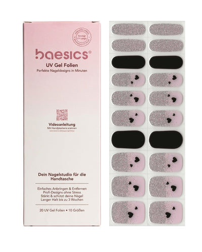 Baesics UV Gelstrips Midnight Coquette – semi-cured UV Gel-Nagelfolien, 20 Streifen Set