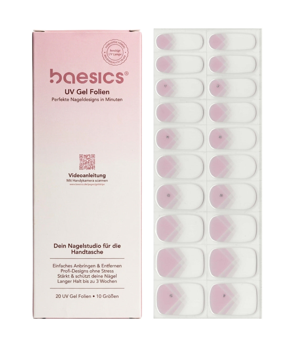 Baesics UV Gelstrips Geometric French – semi-cured UV Gel-Nagelfolien, 20 Streifen Set