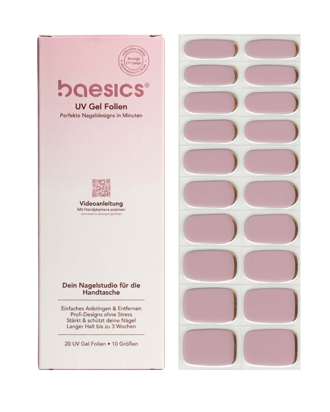 Baesics UV Gelstrips Mondgold – semi-cured UV Gel-Nagelfolien, 20 Streifen Set