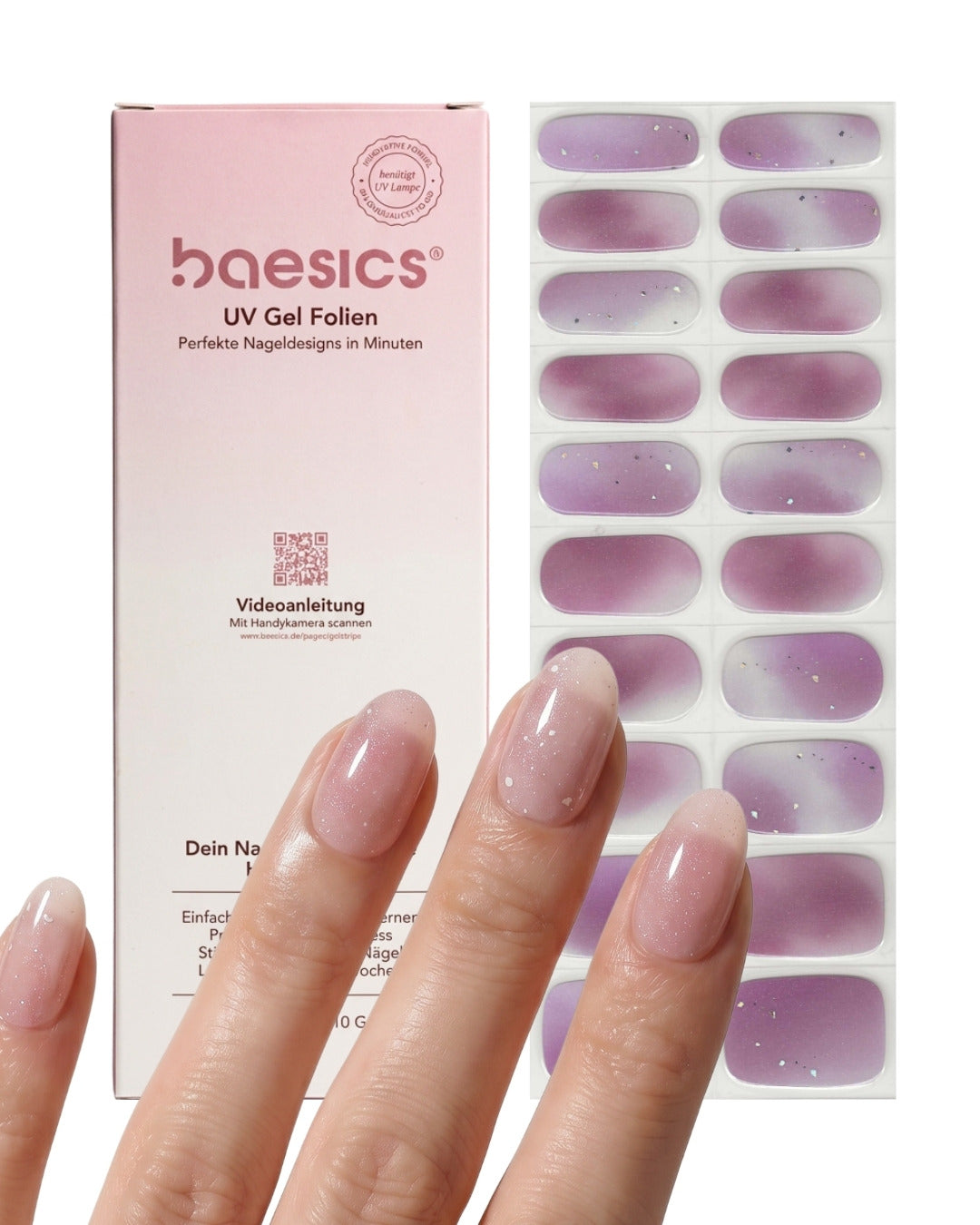 Baesics UV Gelstrips Lavender Luxe – semi-cured UV Gel-Nagelfolien, 20 Streifen Set
