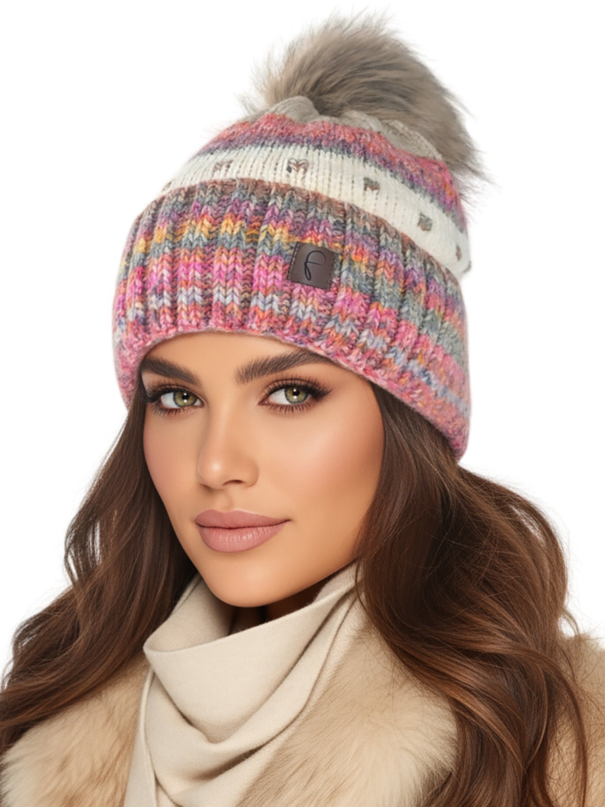 Baesics Bommelmütze Creme Bunt – Wintermütze Bunt mit Wolle, Kunstfell-Pompon & Fleecefutter