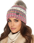 Baesics Bommelmütze Creme Bunt – Wintermütze Bunt mit Wolle, Kunstfell-Pompon & Fleecefutter