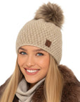 Baesics Strickmütze Glitzer Beige – Wintermütze mit Fleecefutter & Kunstfell-Pompon