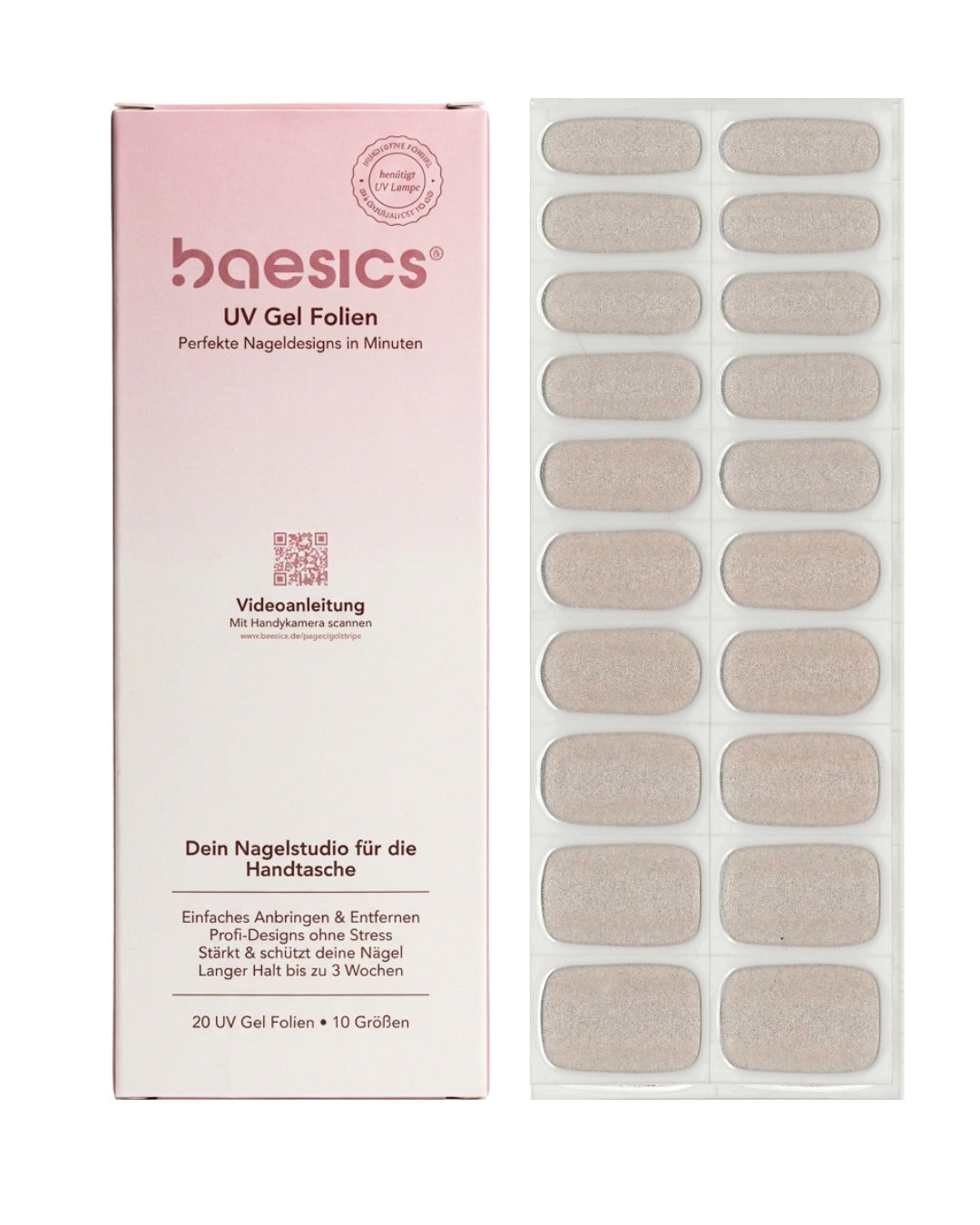 Baesics UV Gelstrips Satin Zenith – semi-cured UV Gel-Nagelfolien, 20 Streifen Set