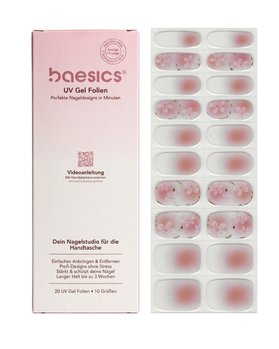 Baesics UV Gelstrips Sakura Blush – semi-cured UV Gel-Nagelfolien, 20 Streifen Set