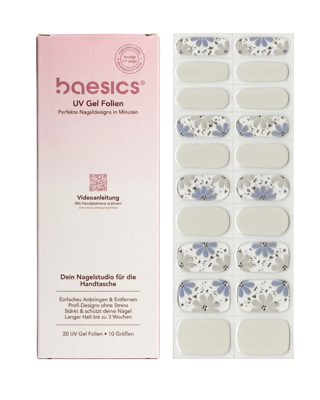 Baesics UV Gelstrips Azure Porcelain – semi-cured UV Gel-Nagelfolien, 20 Streifen Set