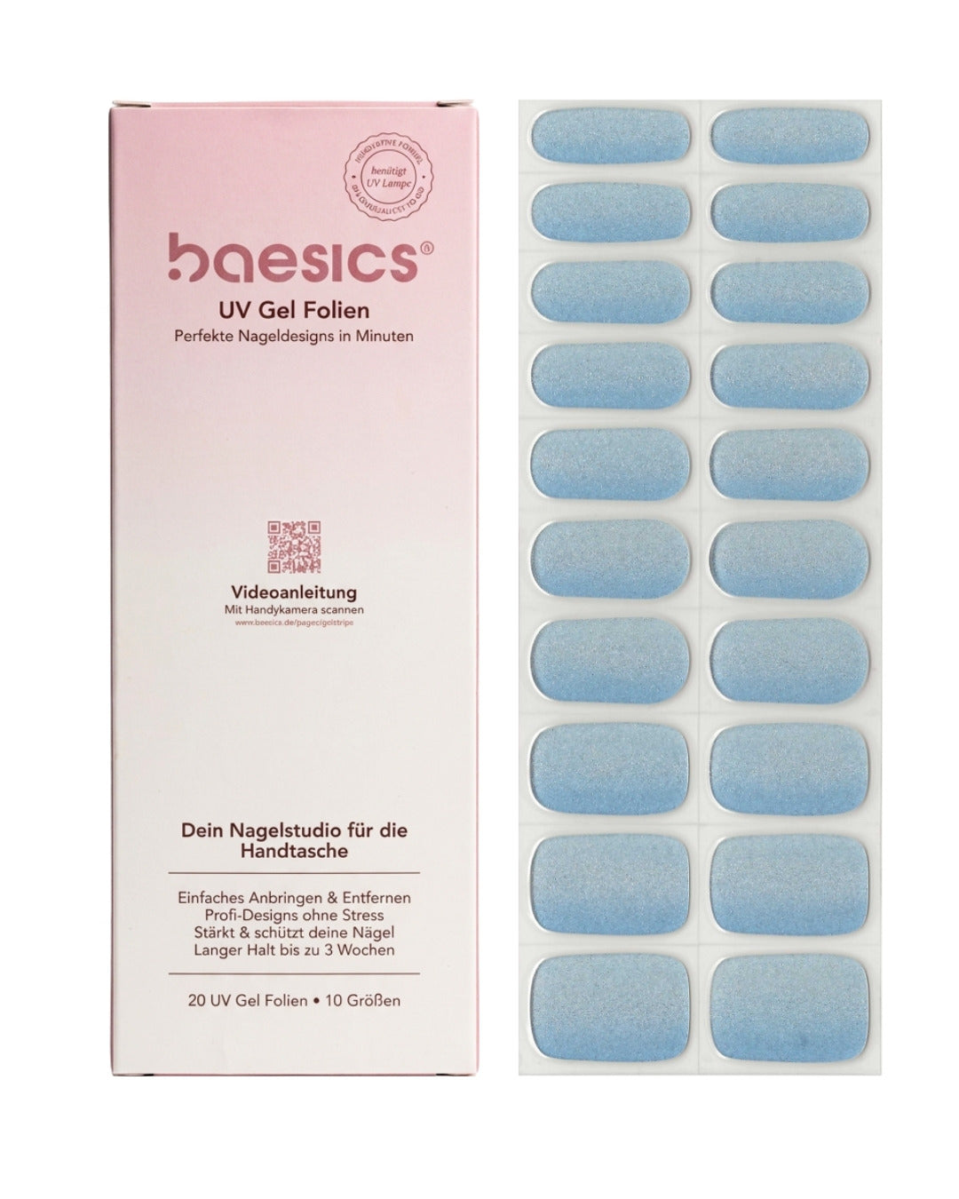 Baesics UV Gelstrips Glacier – semi-cured UV Gel-Nagelfolien, 20 Streifen Set