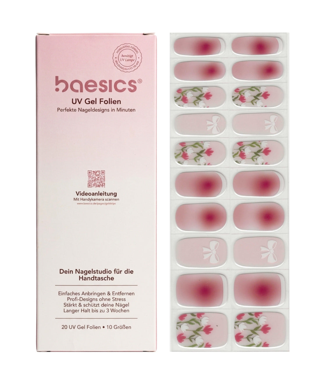 Baesics UV Gelstrips Enchanted Blush – semi-cured UV Gel-Nagelfolien, 20 Streifen Set