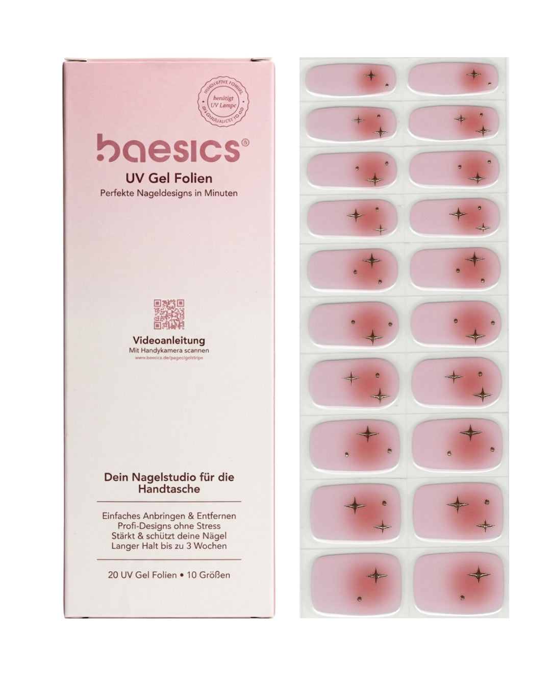 Baesics UV Gelstrips Celestial Blush – semi-cured UV Gel-Nagelfolien, 20 Streifen Set