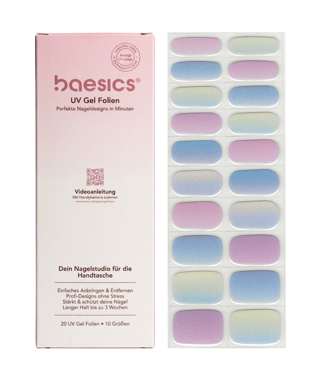 Baesics UV Gelstrips Iridescent Aura – semi-cured UV Gel-Nagelfolien, 20 Streifen Set