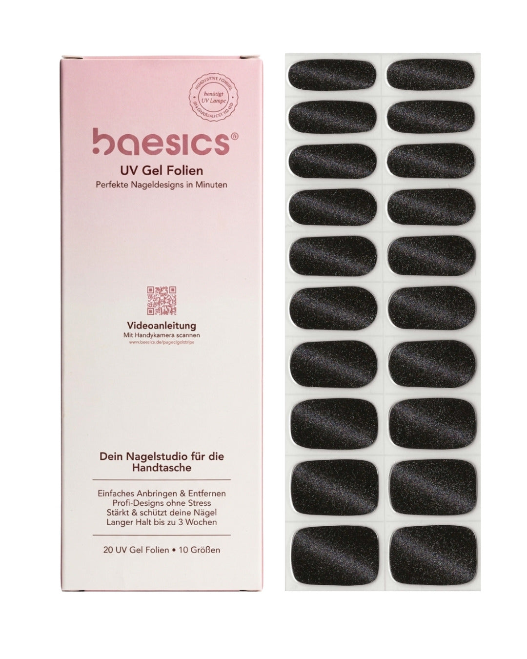 Baesics UV Gelstrips Black Matter – semi-cured UV Gel-Nagelfolien, 20 Streifen Set