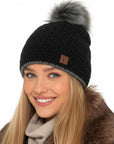 Baesics Strickmütze Glitzer Schwarz – Wintermütze mit Fleecefutter & Kunstfell-Pompon