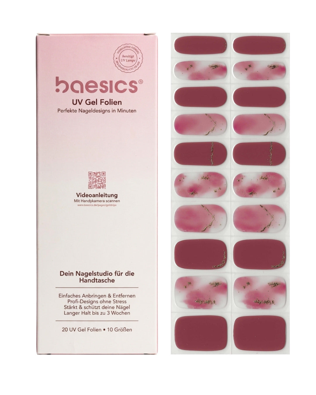 Baesics UV Gelstrips Imperial Rose – semi-cured UV Gel-Nagelfolien, 20 Streifen Set