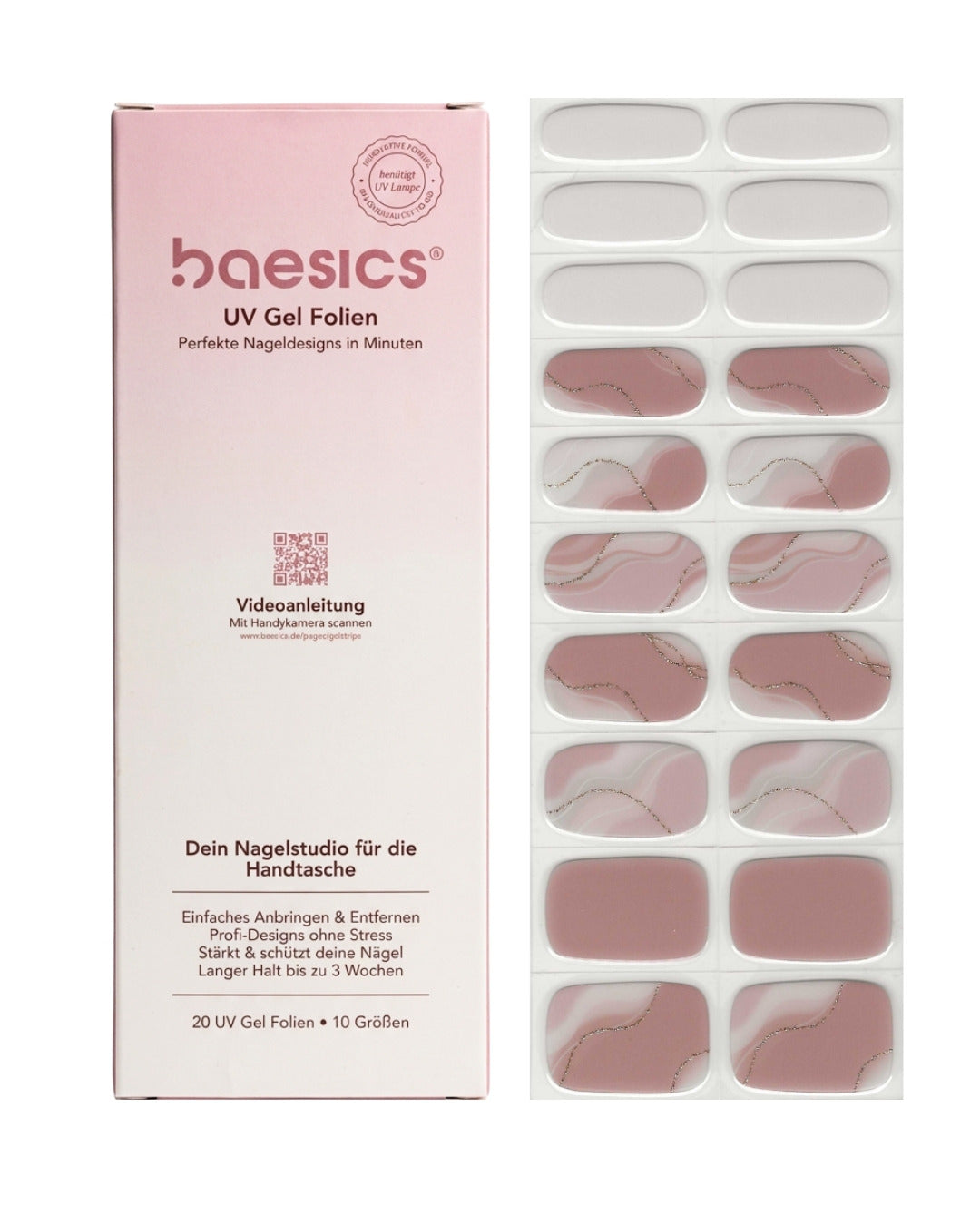 Baesics UV Gelstrips Marmory – semi-cured UV Gel-Nagelfolien, 20 Streifen Set