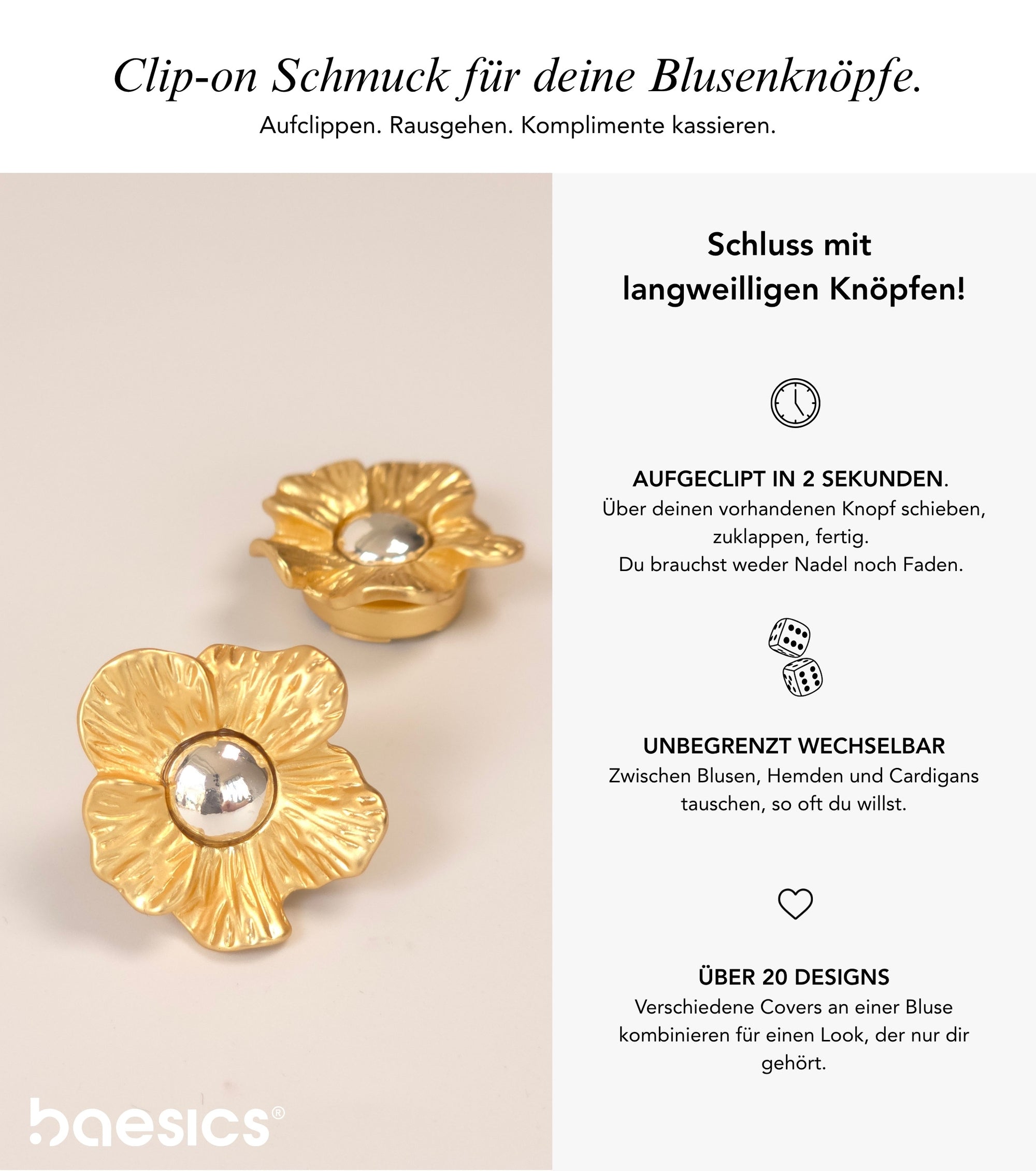Baesics Button Covers Goldblüte – nickelfreie Knopfüberzüge, Bild 2