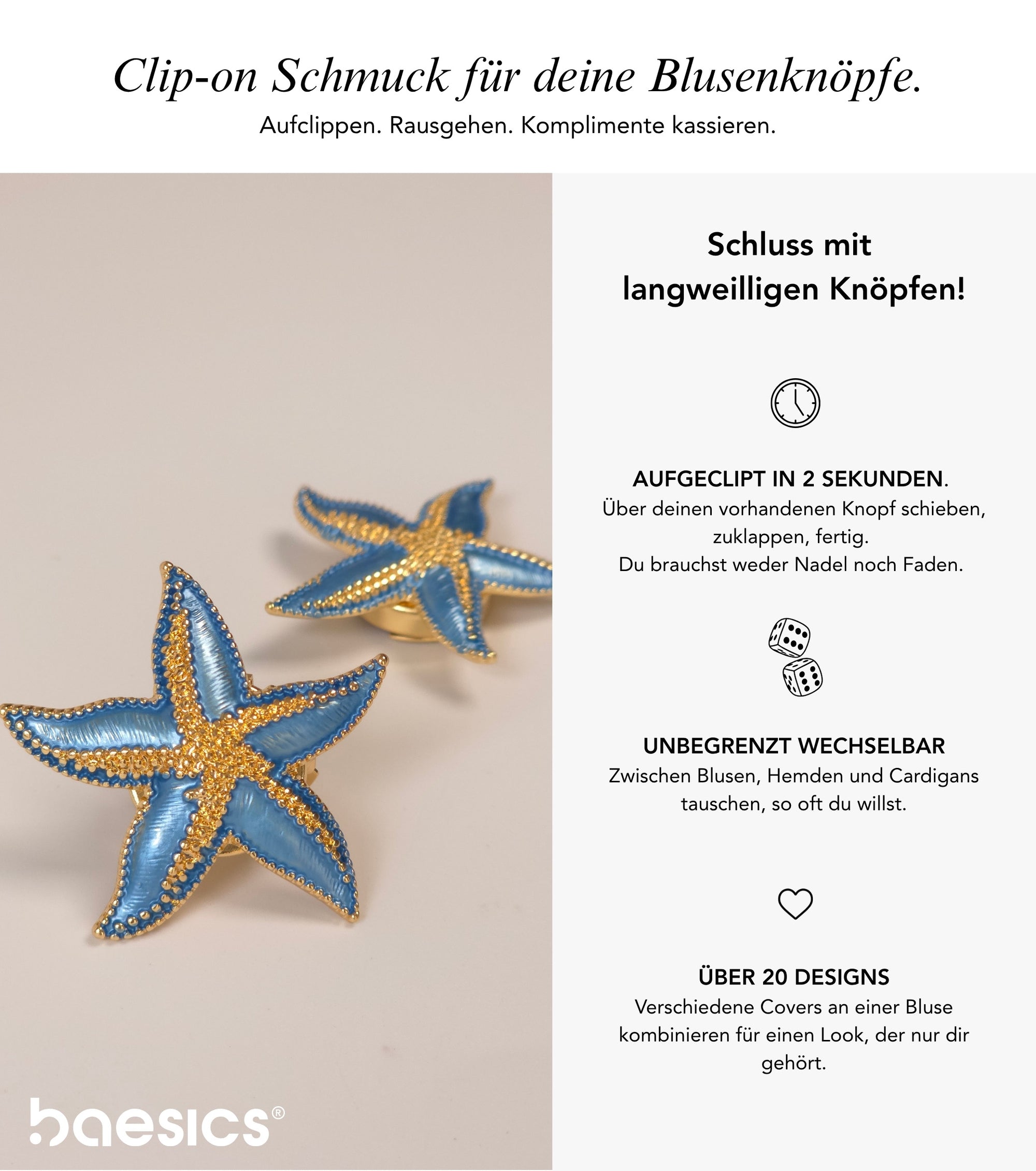 Baesics Button Covers Seestern Blau – nickelfreie Knopfüberzüge, Bild 2