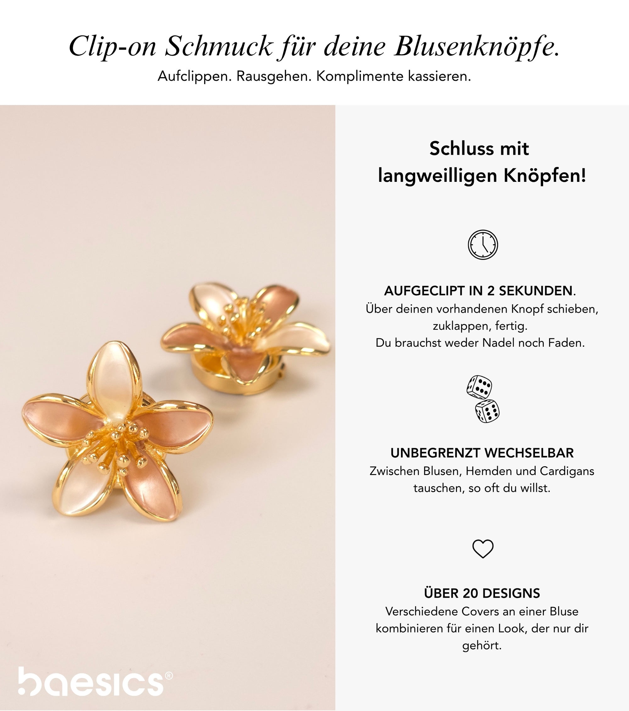 Baesics Button Covers Lilie Gold – nickelfreie Knopfüberzüge, Bild 2