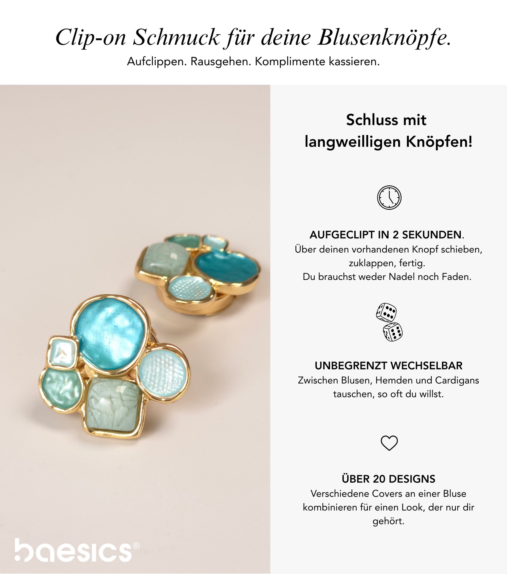 Baesics Button Covers Türkis Gold – nickelfreie Knopfüberzüge, Bild 2