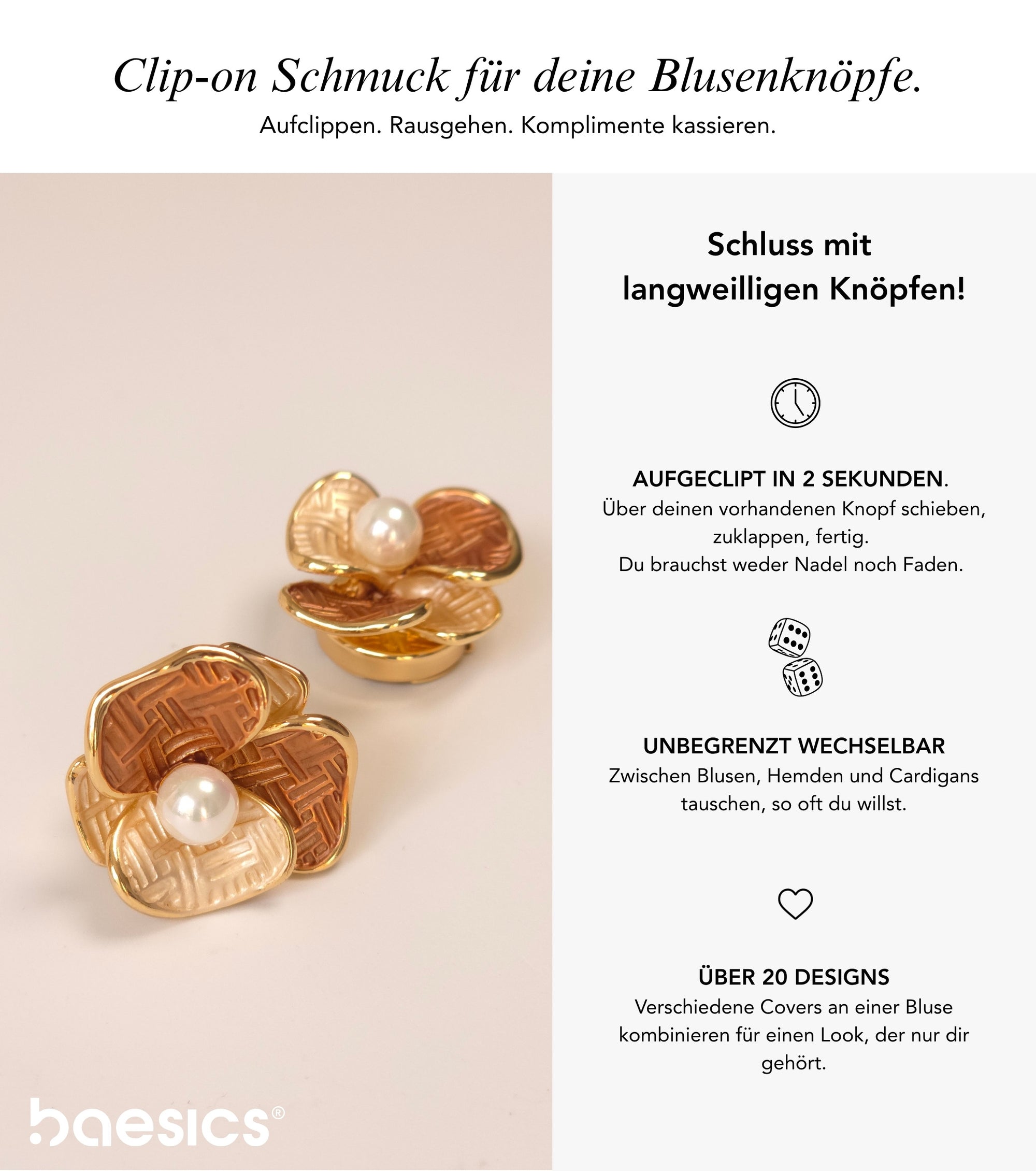 Baesics Button Covers Kleeblatt Perle – nickelfreie Knopfüberzüge, Bild 2