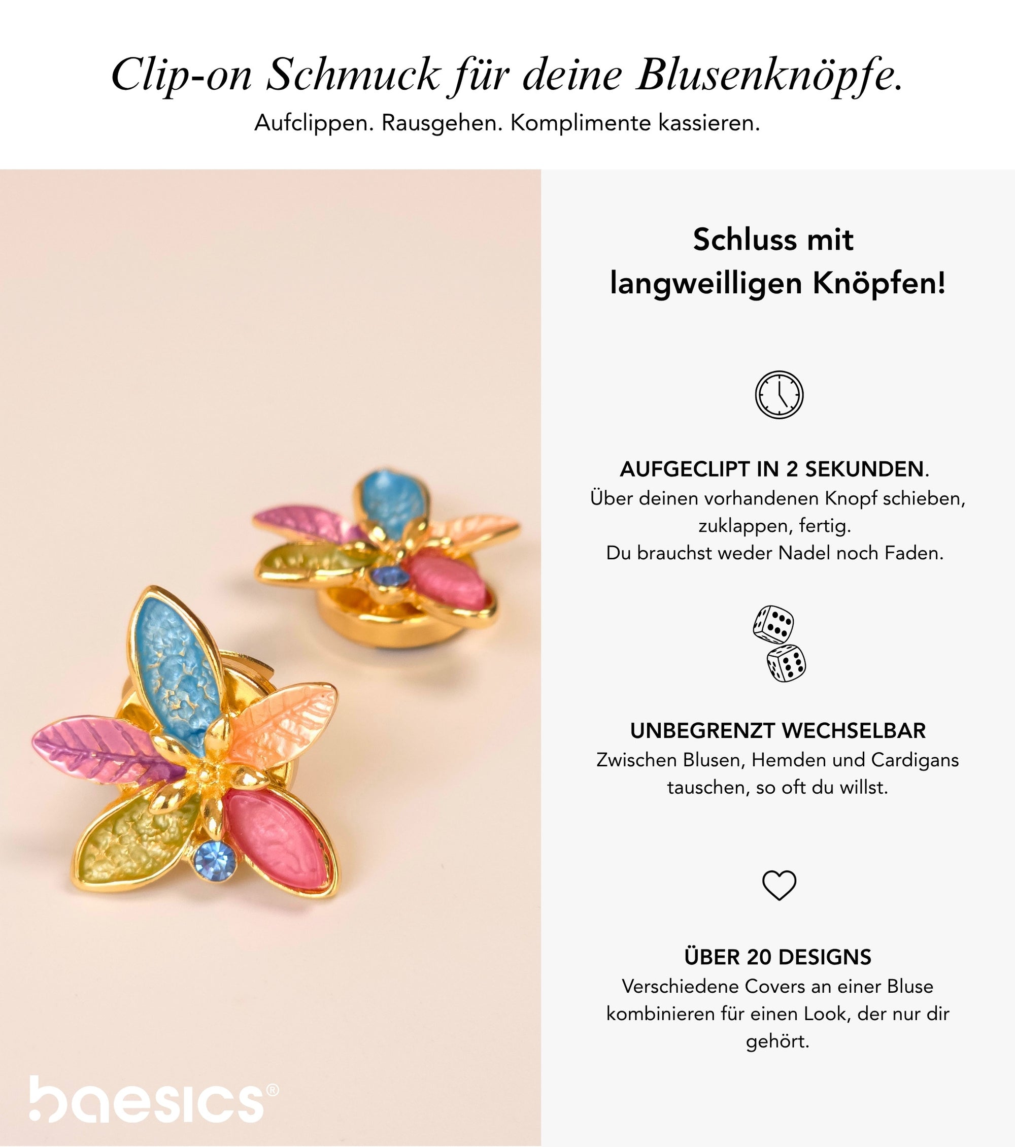 Baesics Button Covers Floral Bunt – nickelfreie Knopfüberzüge, Bild 2