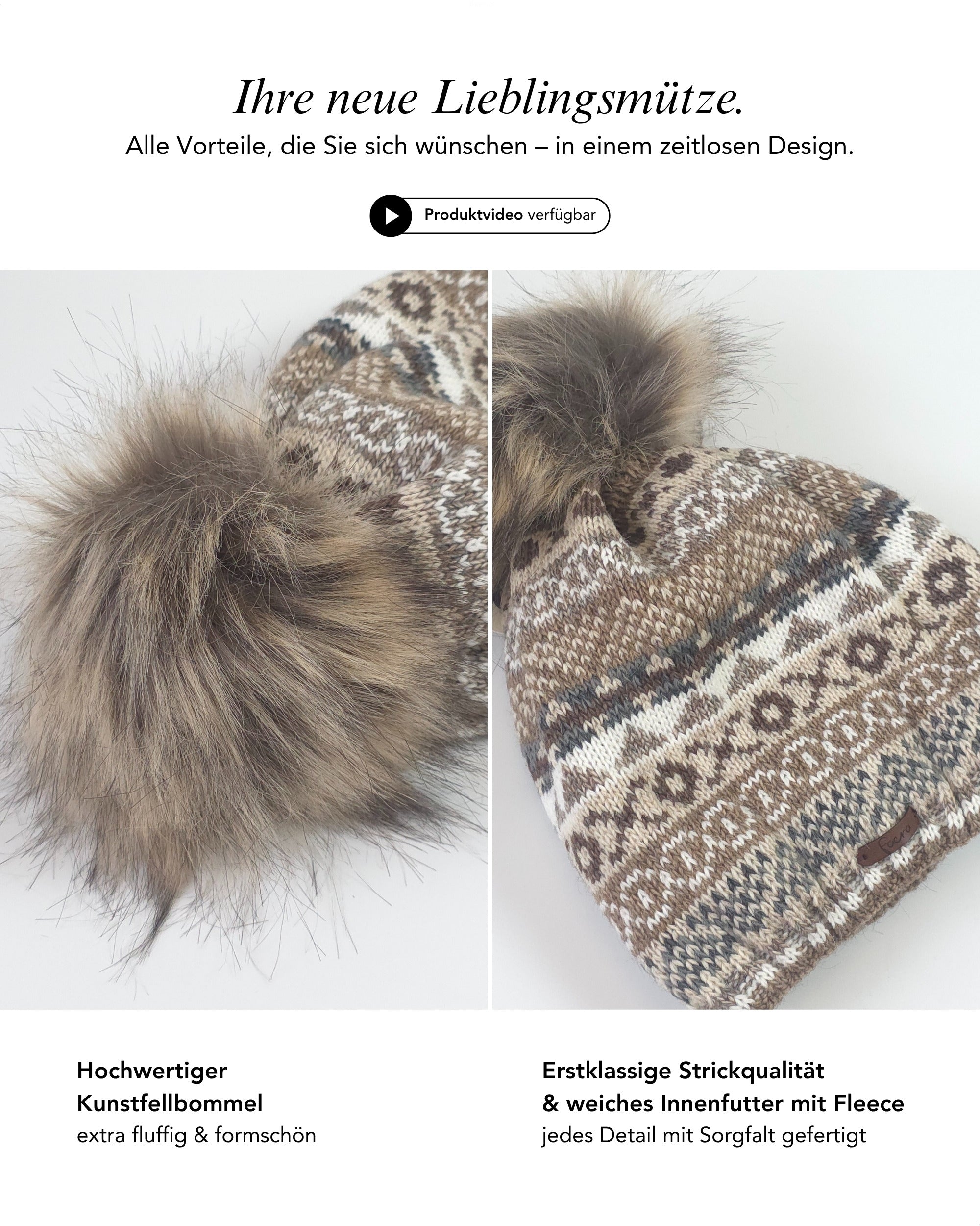 Baesics Bommelmütze mit Muster (Wollmix) – Wintermütze mit Kunstfell-Bommel, Bild 3