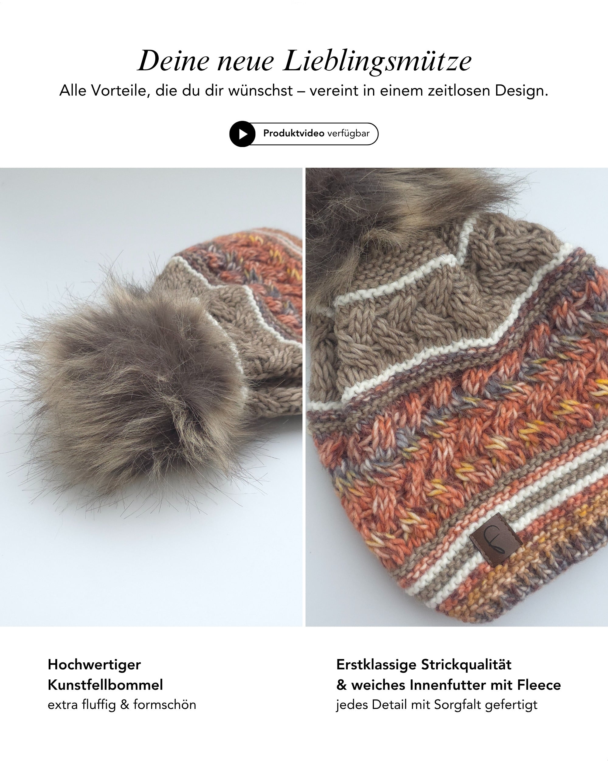 Baesics Bommelmütze mit Wolle – Wintermütze mit Kunstfell-Bommel & Fleecefutter, Bild 3