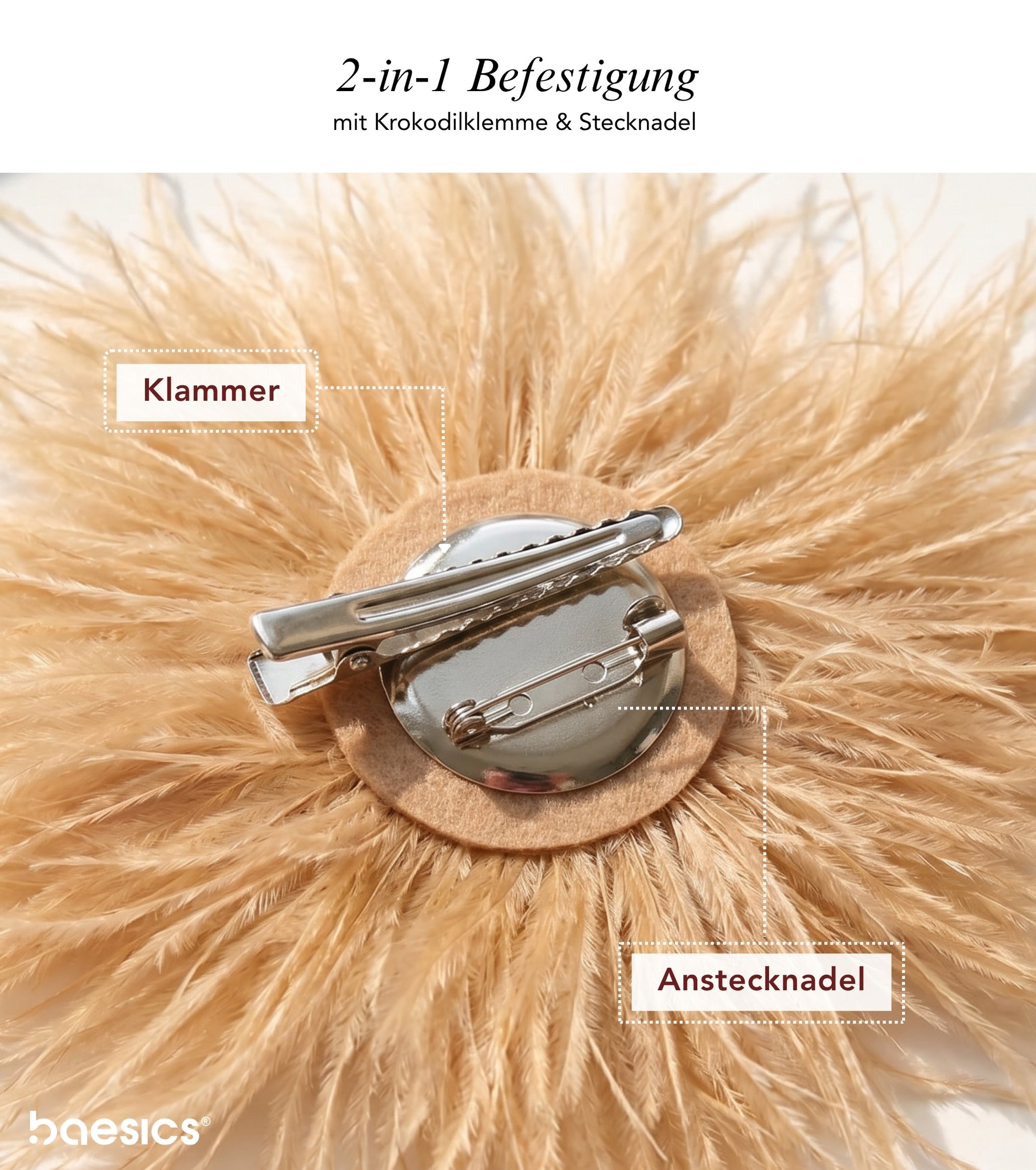 2-in-1 Befestigung der Baesics® Federbrosche mit Krokodilklemme und Anstecknadel