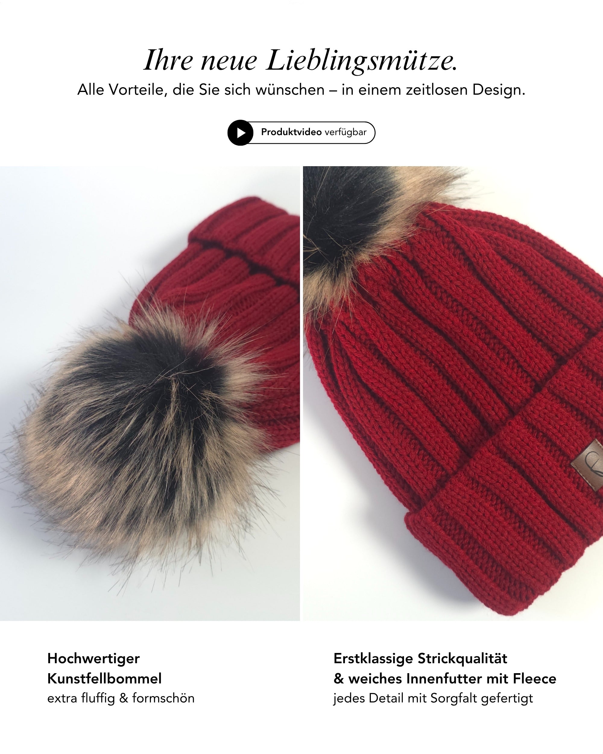 Baesics Bombelmütze – Strickmütze mit Kunstfell-Bommel & Fleecefutter, Bild 3