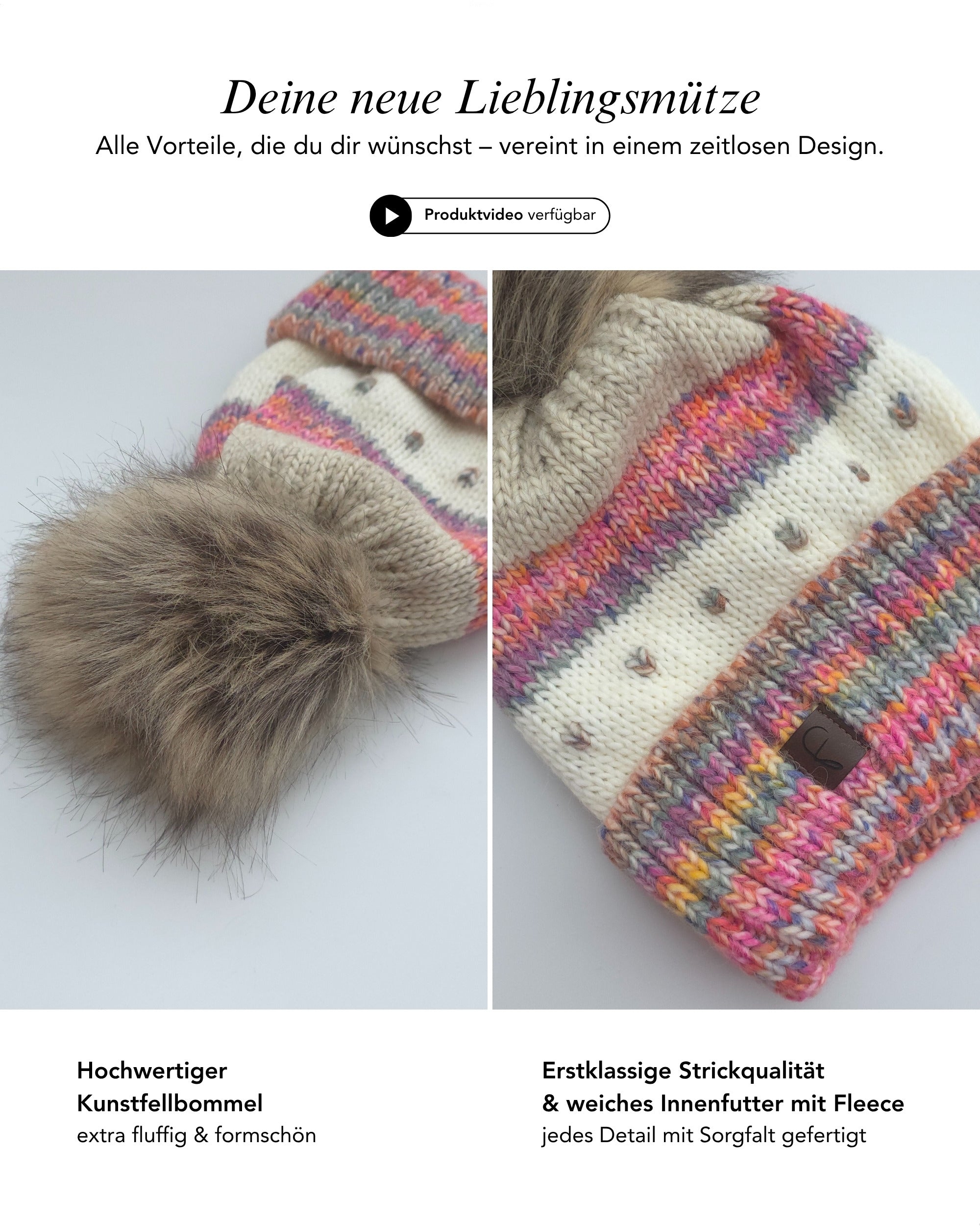 Baesics Wintermütze Bunt – Bommelmütze mit Kunstfell-Pompon & Fleecefutter, Bild 3