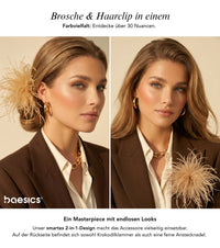 Baesics® Federbrosche als Haarclip und als Brosche am Revers getragen