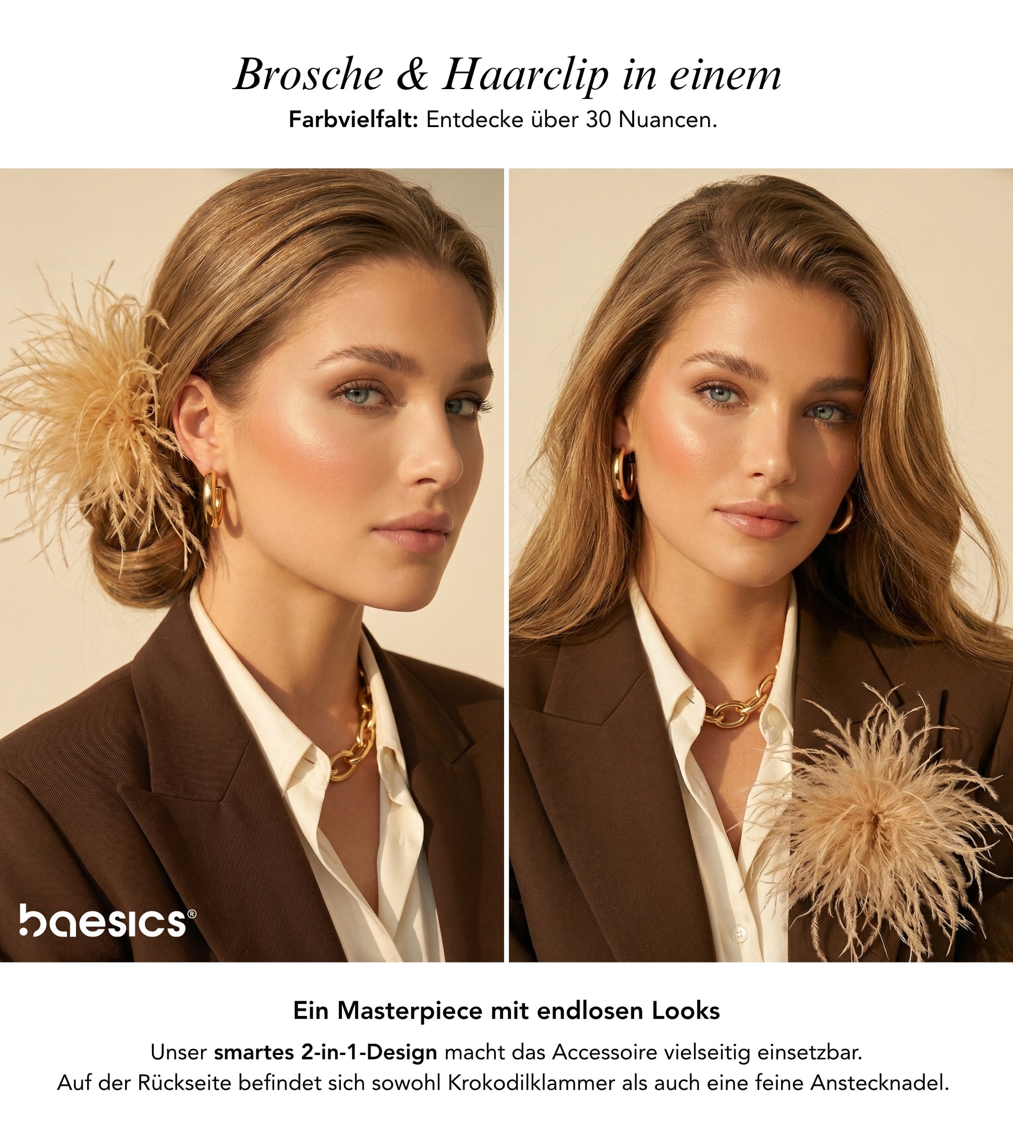 Baesics® Federbrosche als Haarclip und als Brosche am Revers getragen