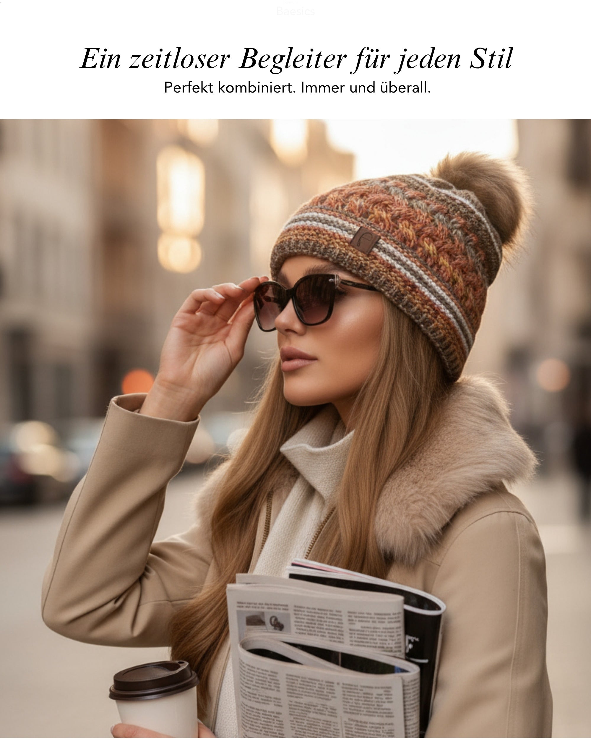 Baesics Bommelmütze mit Wolle – Wintermütze mit Kunstfell-Bommel & Fleecefutter, Bild 6