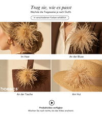 Trageweisen der Baesics® Federbrosche: im Haar, an der Bluse, an der Tasche, am Hut