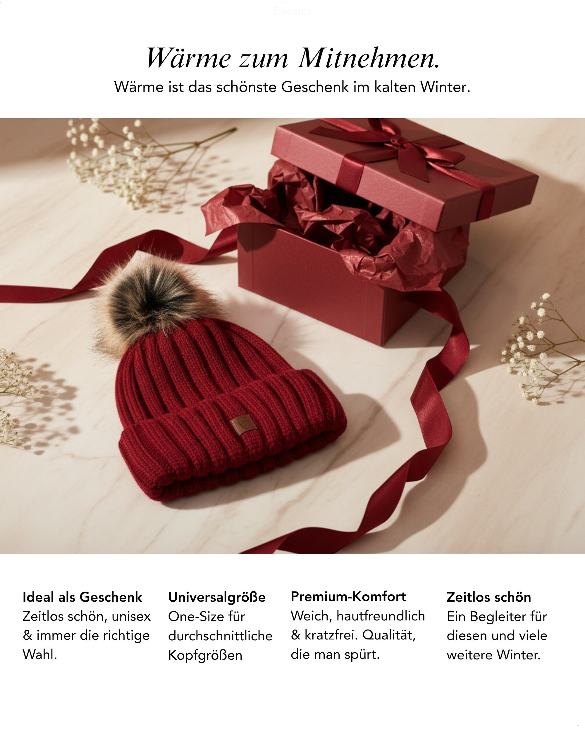 Baesics Bombelmütze – Strickmütze mit Kunstfell-Bommel &amp; Fleecefutter, Bild 7