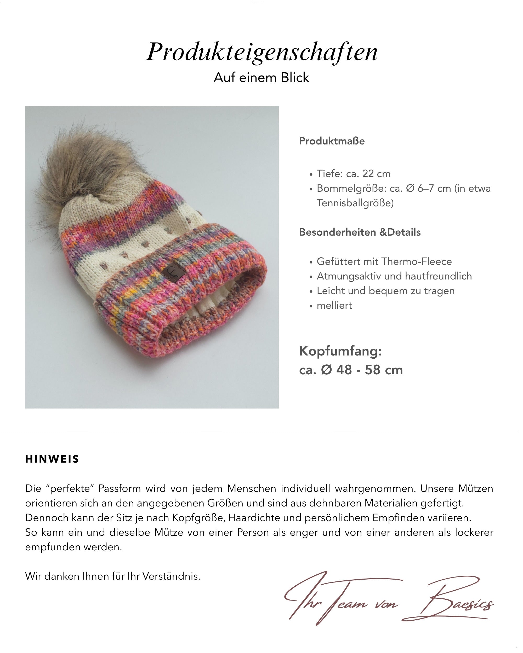 Baesics Wintermütze Bunt – Bommelmütze mit Kunstfell-Pompon &amp; Fleecefutter, Bild 7